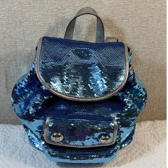 Coach Women’s Blue Poppy Sequin Backpack Signature Glitter Travel Bag Designer - Picture 1 of 13